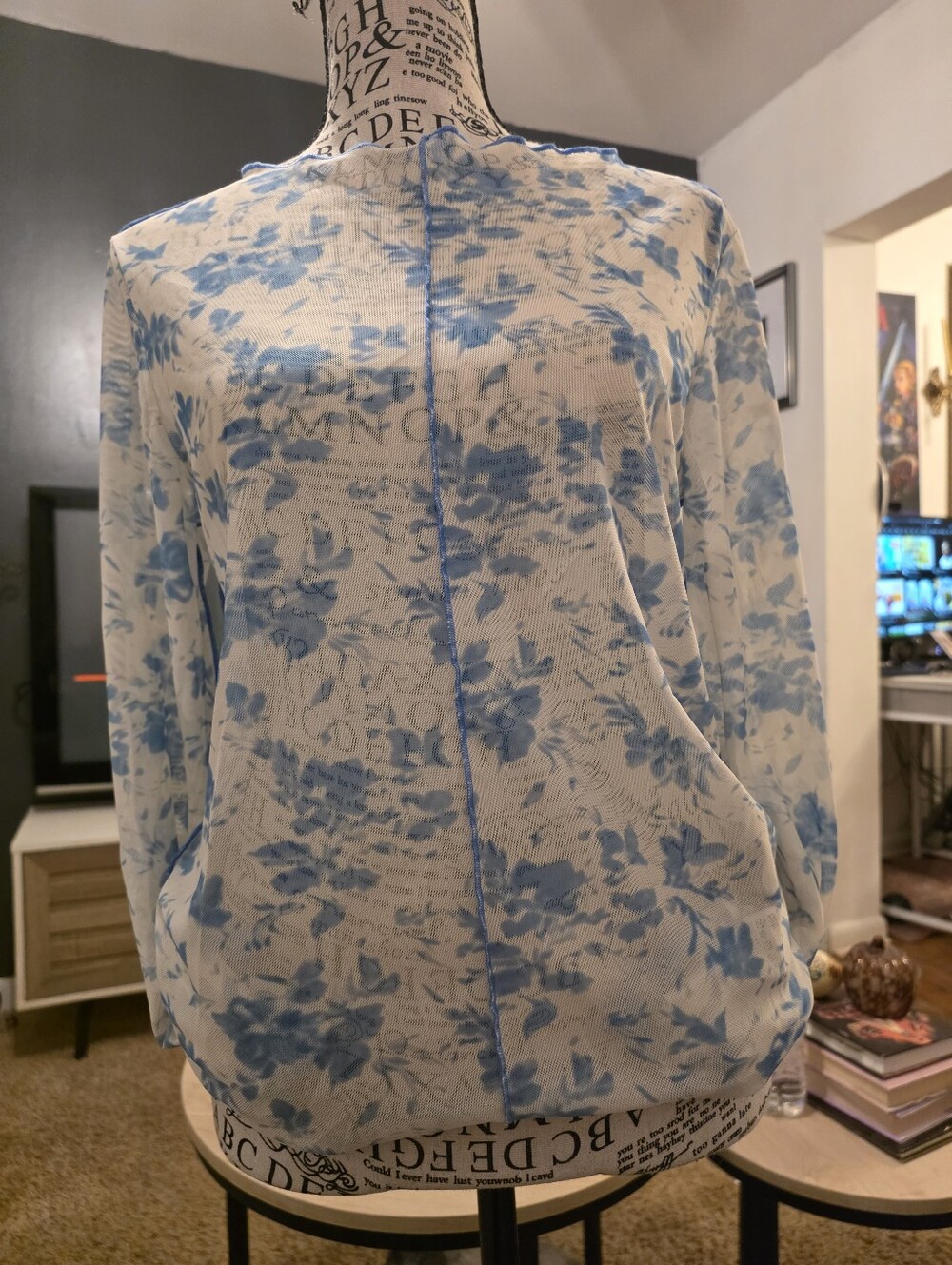 Lightweight Blue Floral Long-Sleeve Top